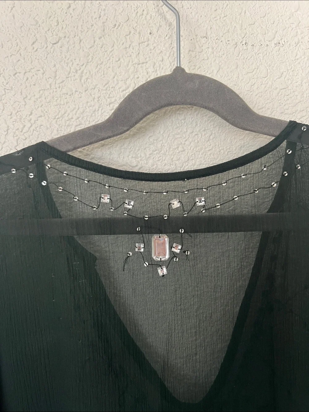 Sheer Dark Green Beaded V-Neck Caftan - Picture 4 of 5